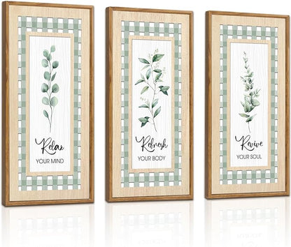IARTTOP Sage Green Bathroom Wall Art Set of 3 Eucalyptus Leaf Wall Decor Relax Refresh Revive Bathroom Hanging Decor Light Green Botanical Plant Art Painting Framed for Farmhouse Living Room Office 8x16Inch