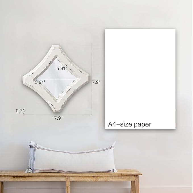 Farmhouse Small Decorative Mirrors for Wall Decor Living Room 7.9 inch, Hanging Distressed White Vintage Wood Frame Bedroom Mirror, Rustic Rhombus Wall Mounted Mirror for Home Decor
