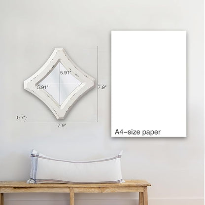 Farmhouse Small Decorative Mirrors for Wall Decor Living Room 7.9 inch, Hanging Distressed White Vintage Wood Frame Bedroom Mirror, Rustic Rhombus Wall Mounted Mirror for Home Decor