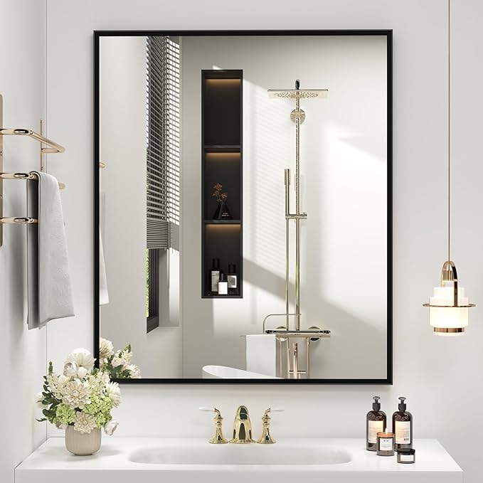 Black Matel Framed Bathroom Mirror for Wall 36" x 30", Beveled Rectangle Vanity Mirrors, Right Angle Corner, HD Reflection, Horizontal or Vertical Mount