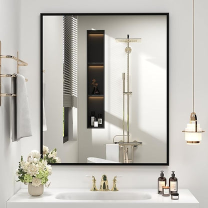 Black Matel Framed Bathroom Mirror for Wall 36" x 30", Beveled Rectangle Vanity Mirrors, Right Angle Corner, HD Reflection, Horizontal or Vertical Mount