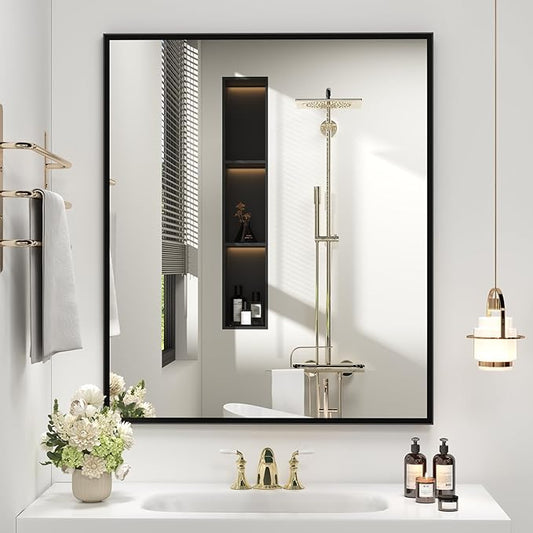 Black Matel Framed Bathroom Mirror for Wall 36" x 30", Beveled Rectangle Vanity Mirrors, Right Angle Corner, HD Reflection, Horizontal or Vertical Mount