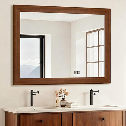 30 x 40 Inch Rustic Bathroom Mirror for Wall Over Sink, Farmhouse Wood Framed Brown Rectangle Mirrors with Tempered Glass for Living Room, Horizontal/Vertical Hanging