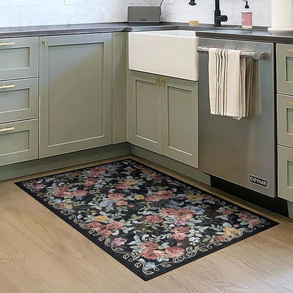 2x3 Machine Washable Area Rug for Entryway, Dark Blue Black Vintage Boho Floral Rug Non-Slip Low Pile Soft Faux Wool Small Carpet, Kids and Pets Friendly for Bedroom Kitchen Hallway Bedside Decor Rug