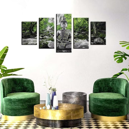 AWLXPHY Decor Buddha Waterfall Wall Art Canvas Painting Framed 5 Panels for Living Room Decoration Modern Landscape Buddha Trees Zen Stretched Artwork Giclee (Green, 80"x40")