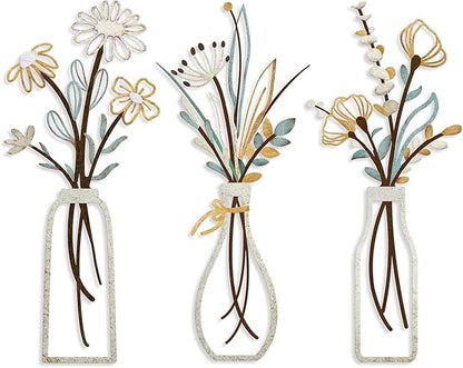 Azure Cantara 3 Pcs Metal Flowers Wall Decor Rustic Farmhouse Decor Beige Minimalist Wall Art Flower Decors for New Home Bathroom Kitchen Living Room Bedroom Housewarming Gifts
