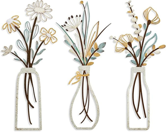 Azure Cantara 3 Pcs Metal Flowers Wall Decor Rustic Farmhouse Decor Beige Minimalist Wall Art Flower Decors for New Home Bathroom Kitchen Living Room Bedroom Housewarming Gifts