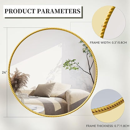 PROHOMEWARE Gold Round Bathroom Mirrors, 24 inch Circle Wall Mounted Hanging Mirror for Entryway, Living Room, Hallway, Bathroom, Bedroom