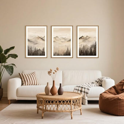 Nature Misty Forest Framed Canvas Wall Art Set, Foggy Landscape Wall Decor, Watercolor Pine Tree Wall Painting, Large Mountains Art Print for Living Room, Bedroom, Office - 16"X24"X3