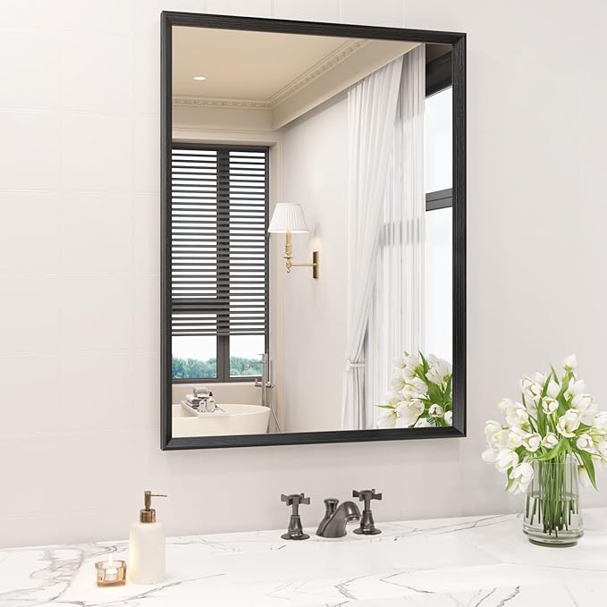JISOSO Rectangle Bathroom Mirror 28x36 Inch, Matte Black Framed, 4MM Tempered Glass, Anti-Rust, Wall-Mount Vanity Mirror for Bathroom & Bedroom, Hangs Horizontally or Vertically