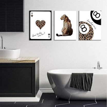 Set of 3 Trendy Leopard Canvas Wall Art, Cheetah & Lucky 8 Ball Playing Card Posters, Preppy Girly Aesthetic Room Decor for Bedroom Dorm Apartment, Framed Prints 16x24 or 12x16 Inch
