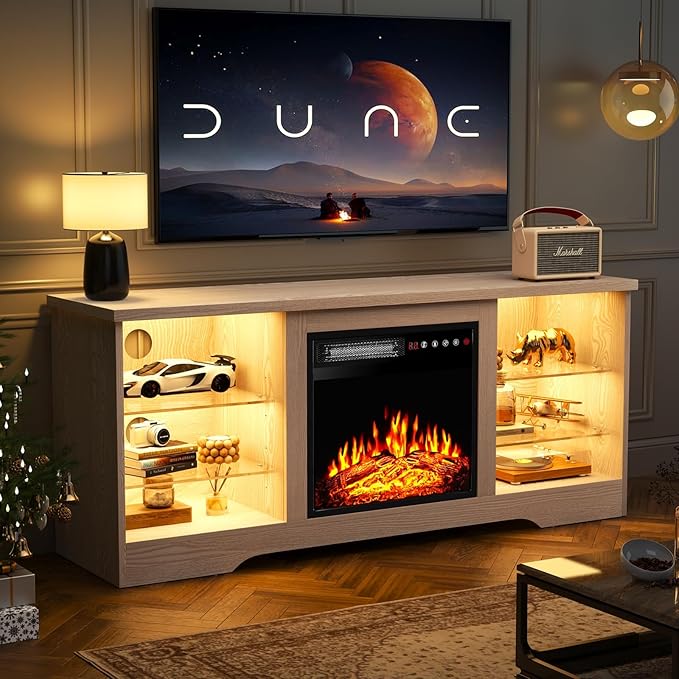 TAVATA Fireplace TV Stand with 18''Fireplace, Modern Entertainment Center for TVs up to 65 inch, Media TV Console with Adjustable Glass Shelves and Storage Cabinets (Beige)