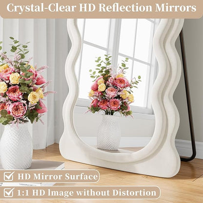 Wavy Full Length Mirror, 71"x30" Full Body Mirror, Flannel Floor Mirror with Stand, Large Mirrors Hanging or Leaning Against Wall for Bedroom Living Room, White