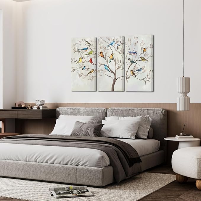 KREATIVE ARTS Large 3 Panel Canvas Prints Wall Art Birds on The Tree Branches Contemporary Painting Retro Style Picture Arts for Home Decoration Stretched Gallery Canvas Wrap Each 16x32Inches