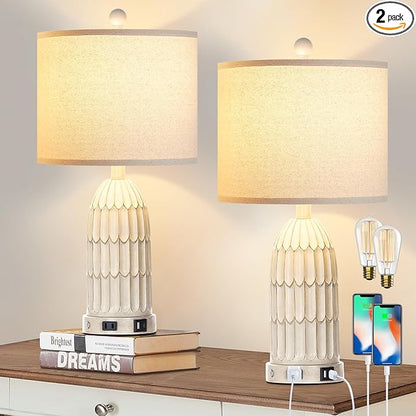 Cinkeda Farmhouse Table Lamps Set of 2, 3-Way Dimmable Touch Lamp for Bedroom Nightstand with USB A+C Ports & AC Outlet, White Vintage Boho Bedside Lamp for Living Room End Table (Bulbs Included)