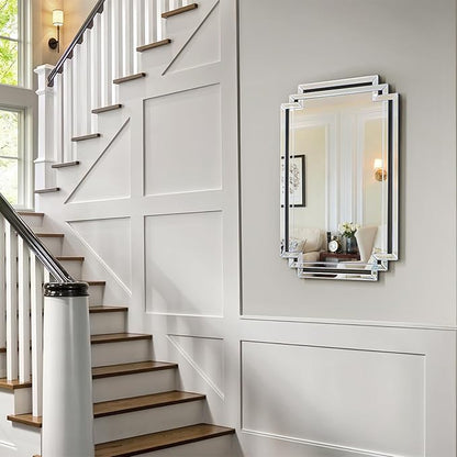Rectangular Large Decorative Wall Mirror with Mirrored Frame, 28" X 40" Modern Large Bathroom Mirror with Glass Pieces and Beveled Edge, Hang Horizontally or Vertically
