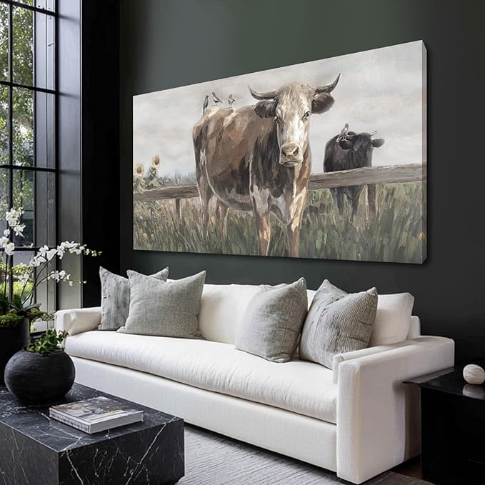 ZENPEE Black and Brown Cow Canvas Wall Art Painting – Rustic Farmhouse Vintage Animal Decor for Living Room & Bedroom, 24 x 48 Inch