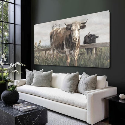 ZENPEE Black and Brown Cow Canvas Wall Art Painting – Rustic Farmhouse Vintage Animal Decor for Living Room & Bedroom, 24 x 48 Inch