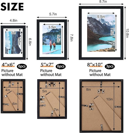 Fixwal Picture Frames Set, 15 Pack Black Picture Frames Collage Wall Decor for Assorted Photos, Three 8x10, Six 5x7, Six 4x6 for Wall Hanging or Tabletop Display
