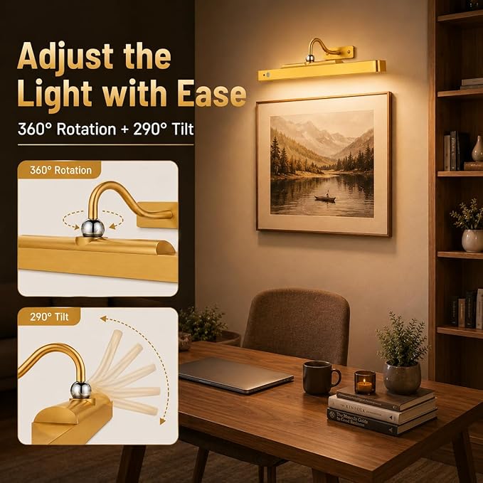 16" Gold Picture Light for Wall, Battery Operated Rechargeable Art Light with 6000mAh Battery, Motion Sensor, Remote, 3CCT Dimmable Cordless Painting Light for Artwork, Gallery, Hallway, 2 Pack
