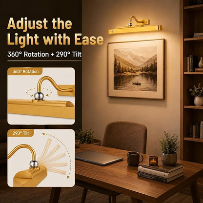16" Gold Picture Light for Wall, Battery Operated Rechargeable Art Light with 6000mAh Battery, Motion Sensor, Remote, 3CCT Dimmable Cordless Painting Light for Artwork, Gallery, Hallway, 1 Pack