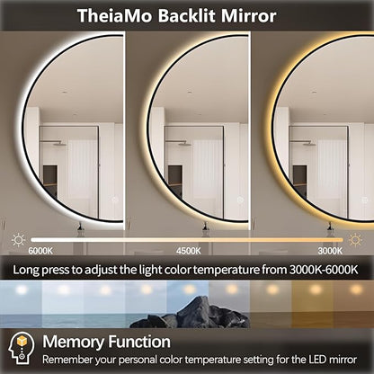 30" Round LED Bathroom Mirror, Wall Mounted Backlit Vanity Mirror with 45° Beveled Frame Lighted Mirror for Bedroom, Fog Free 3-Color Dimmable Lights Memory Function, Black