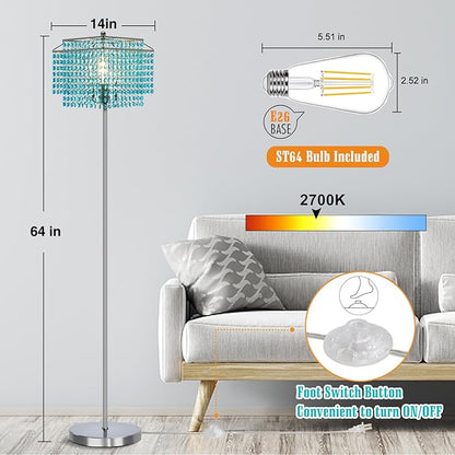 Luvkczc Crystal Floor Lamp Blue, 64" Tall Elegant Standing Lamp with On-Off Foot Switch, Double-Layer Lampshade, Light Blue Standing Lamps for Living Room, Bedroom, Office, 8W Bulb Included