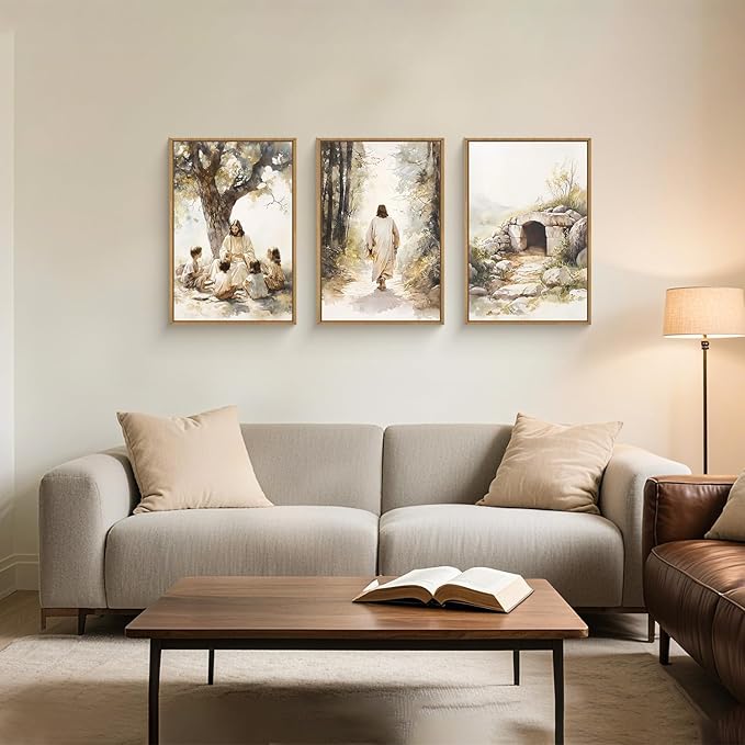 Large Jesus Teaching Children on Path Framed Canvas Wall Art,Empty Tomb Christian Wall Decor,Spiritual Religious Bible Artwork for Living Room,Bedroom,Dining Room,Office -16"x24"x3
