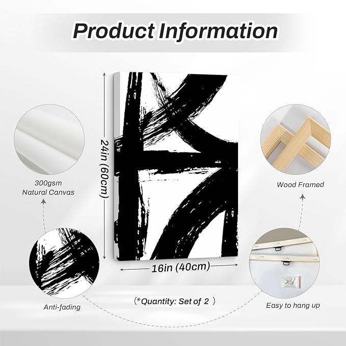 Black and White Wall Art Abstract Modern Painting Minimalist Line Canvas Wall Art Decor Black And White Poster Abstract Artwork Prints for Living Room Bedroom 16x24 Inch Wrapped Canvas Set of 2
