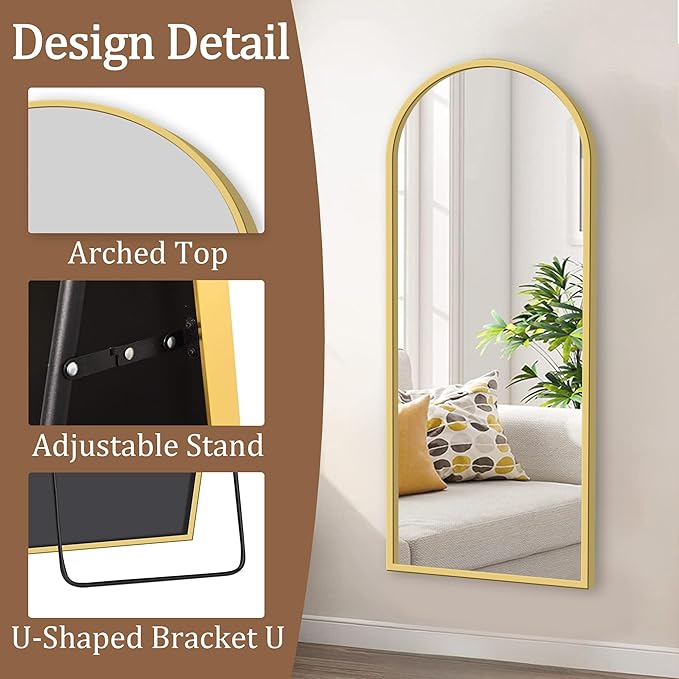 GlasFlength Full Length Mirror with Stand, 64"x21" Arched Full Body Mirror with Aluminum Alloy Frame, Wall-Mounted/Leaning Against Wall/Standing Floor Mirror for Bedroom, Living Room, and Entryway