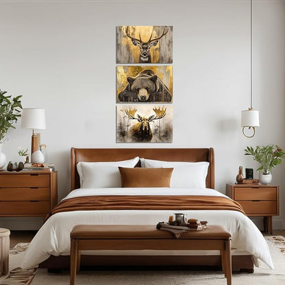 Large Woodland Animal Canvas Wall Art 3 Piece - Moose Elk Bear Picture Vintage Gold Painting Wildlife Prints Wall Decor Framed for Living Room Bedroom Cabin(Art-1,24.00"x36.00"x3P)