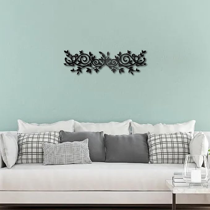 CREATCABIN Metal Tree Leaf Wall Decor Vine Olive Branch Wall Art Black Leaf Wrought Iron Scroll Sculptures Wall Art Decor Hanging Rustic Wall Sign for Above The Bed Living Room Home 15.7x4.7Inch
