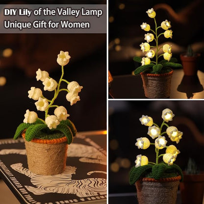 Lily of The Valley Lamp, White Crochet Artificial Flowers with Night Lights, Cordless Table Lamp -Birthday Gifts for Women,Cozy Home Decor Mothers Day Gifts