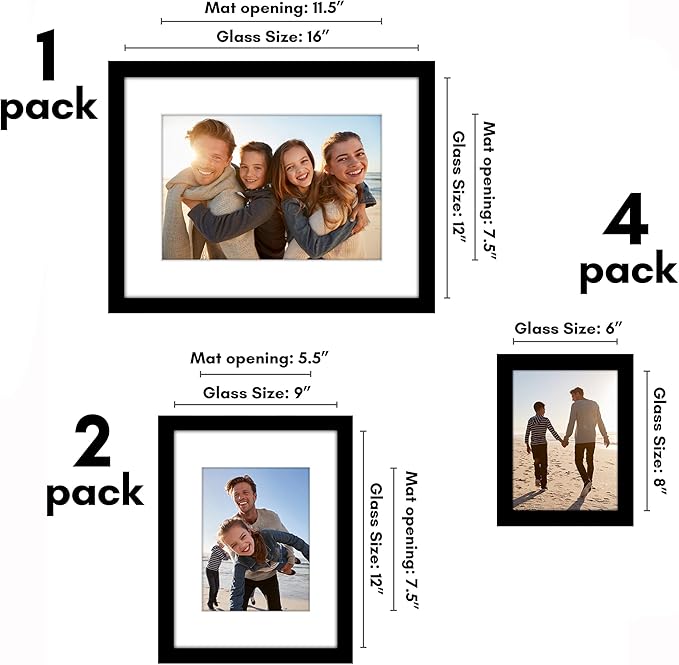 Americanflat Set of 7 Picture Frames with Shatter-Resistant Glass - Gallery Wall Frame Set with One 16x12, Two 9x12, and Four 6x8 Frames - Signature Collection - Black