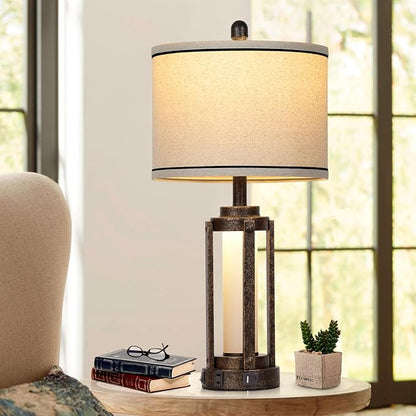 26" Farmhouse Table Lamps Set of 2, Vintage Rustic Industrial Beside Lamps with USB A+C Charging Ports & AC Outlet, Nightstand Lamp with Glass Night Light & Linen Fabric Shade for Living Room Bedrooms