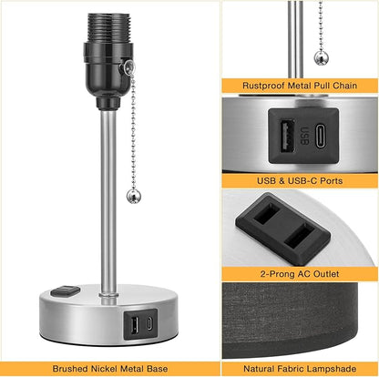 Black Table Lamp for Bedroom Nightstand - 3 Color Temperature Bedside Lamp with USB C and A Ports, Pull Chain Lamp for Bedroom with AC Outlet, Small Lamps Silver Metal Base for Kids Boys/Dorm Room
