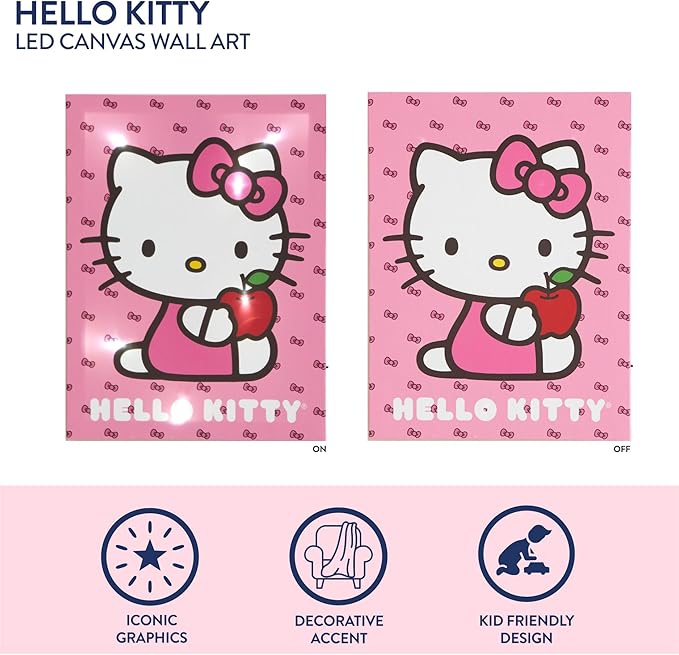 Hello Kitty LED Wall Art for Kids,Light-Up Canvas Wall Décor by Sanrio,11.5" x 15.75", Battery Operated Night Light for Bedrooms & Playrooms