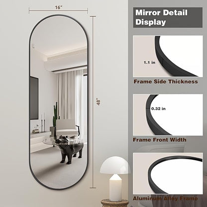 Niccy 48"×16" Oval Full Length Mirror, Long Oval Mirror with Unique Metal Frame Large Explosion-Proof Hanging Mirror for Living Room, Decorative Vanity Mirror for Bathroom, Bedroom, Black