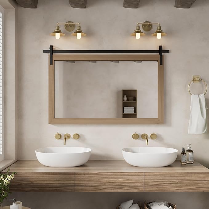 Large Brown Bathroom Mirror, Farmhouse Horizontal Rustic Square Mirror for Wall Wood Framed Vanity Mirrors, Barn Door Style Decor Living Room Entryway Bedroom Mirrors, 40x26INCH