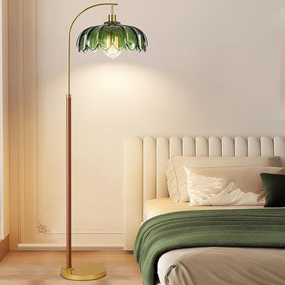 Wood Floor Lamps for Living Room,Gold Floor Lamp with Remote Control & Glass Lampshade,Arc Flower Lamp Dimmable Mid Century Modern Standing Lamp Vintage Farmhouse Tall Floor Lamp For Bedroom Corner