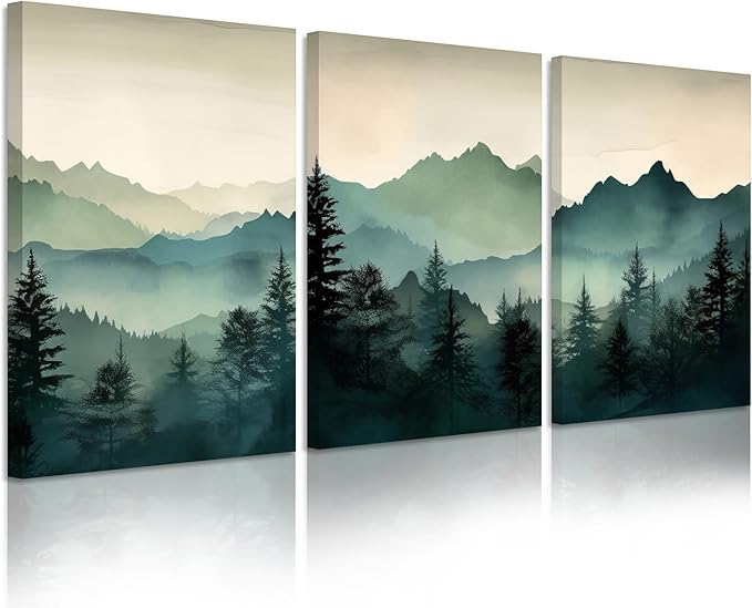 Mountain Wall Art Decor Set of 3 Sage Green Forest Canvas Wall Art Prints Nature Landscape Wall Decor Watercolor Pine Tree Pictures Abstract Modern Painting for Living Room Bedroom 16x24 Inch Framed