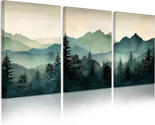 Mountain Wall Art Decor Set of 3 Sage Green Forest Canvas Wall Art Prints Nature Landscape Wall Decor Watercolor Pine Tree Pictures Abstract Modern Painting for Living Room Bedroom 24x36 Inch Framed