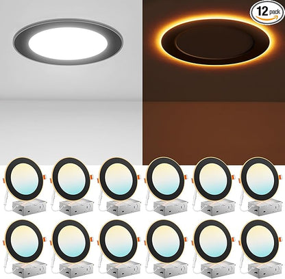 Amico 12 Pack Black 6 Inch 5CCT LED Recessed Ceiling Light with Night Light, 2700K/3000K/3500K/4000K/5000K Selectable Ultra-Thin Lighting, 12W=110W, 1100LM, Dimmable Canless Wafer Downlight - ETL&FCC