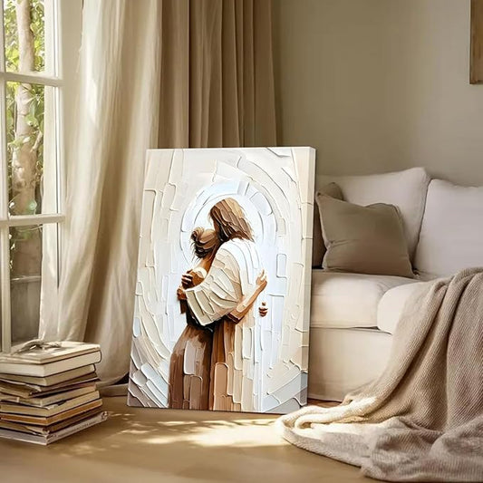 Jesus Hugging Woman Canvas Wall Art God & Girl Wall Decor Safe in His Arms Pictures Modern Christian Healing Embrace Mormon Prints Posters Artwork for Living & Prayer Room Bedroom Decor 12x16in canvas