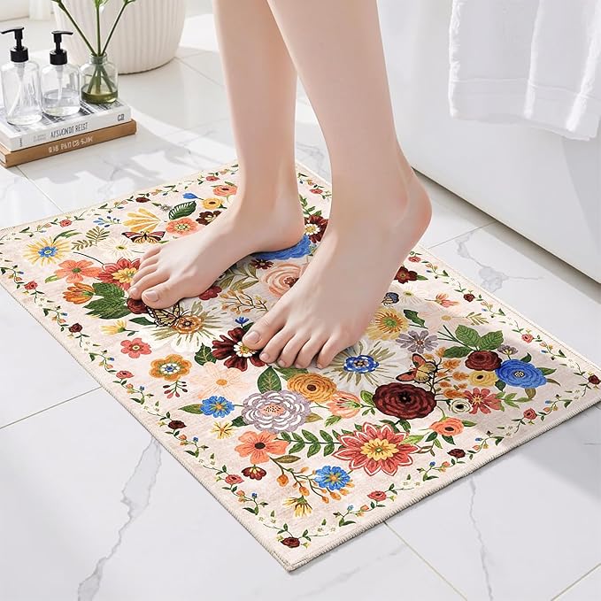 Area Rugs 24x17 Inch Home Decor Entry Rug, Small Door Mat Bath Mats for Bathroom, Ultra-Thin Non Slip Floral Rug Low Pile Tub Mat for Sink Shower Doorway Tub Kitchen Sink(2 x 1.4 ft, Beige)