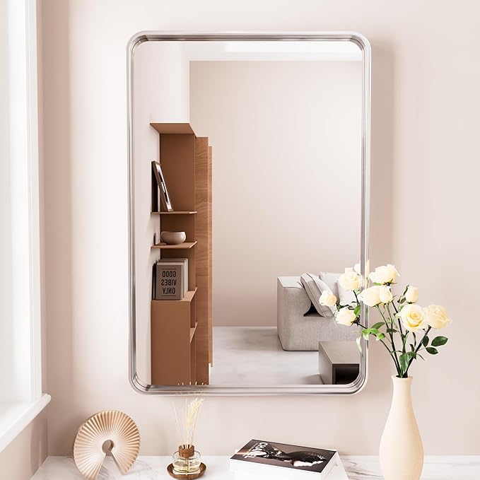 JISOSO Brushed Nickel Bathroom Mirror 24x32 Inch, Brushed Silver Metal Frame Mirror Wall Mounted, Rounded Rectangle Bathroom Vanity Mirror, Tempered Glass, Anti-Rust, Horizontal/Vertical