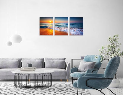 TutuBeer 3 Pcs Ocean Pictures Beach Pictures Beautiful Sunrise over the Sea Picture Print on Canvas Wall Decor Beach Picture Ocean Wall Art Stretched and Framed 16" x 24" x 3 Pcs