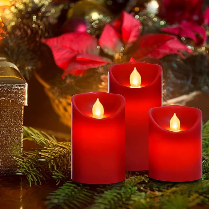 Flameless Battery Operated LED Candles, Remote Control Electric Realistic Candles Flickering Real Wax 4/5/6 Inch 3PACK with 2/4/6/8 Hour Timer for Home Decor Holidays Party (Red)