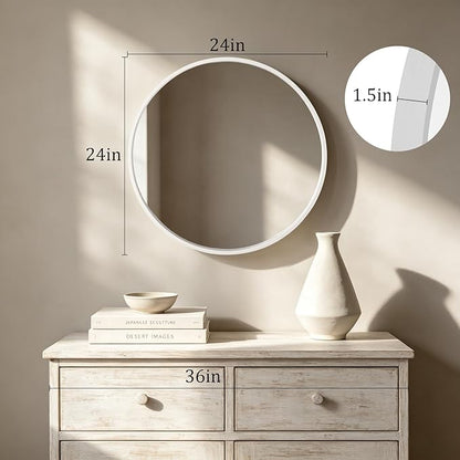 HOMECOOKIN Round Wood Mirror 24 inch Circle Mirror, Rustic Farmhouse Wooden Framed Decorative Wall Decor, Vanity Wall Mirror for Bathroom, Bedroom, Entryway, Living Room (White)