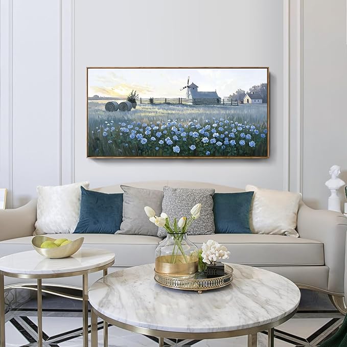 Large Framed Modern Canvas Wall Art, Natural Rural Farm Print Picture, Blue Windmill Flower Field Landscape Art Decor For Living Room, Bedroom, Dining Room, And Kitchen. 48X24 Inches.